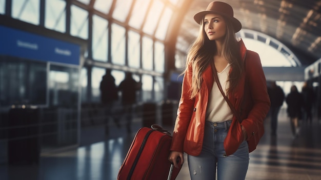 Jonge mooie vrouw op de luchthaven met een koffer afbeelding over reizen rond de wereld op haar vakantie kopieer ruimte voor tekst