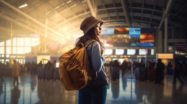 Jonge mooie vrouw op vakantie om te reizen op de achtergrond van de luchthaven