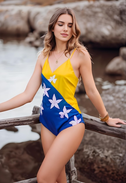 Jonge mooie vrouw poseren in een blauwe en gele jurk op het strand