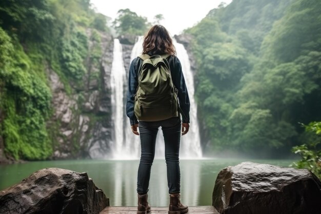 jonge mooie vrouw staat en kijkt naar een waterval in het oerwoud achteruitzicht