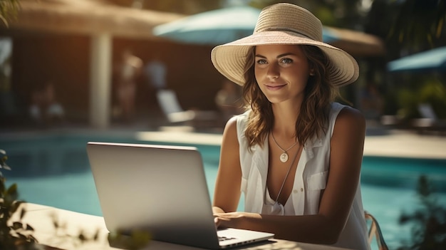 Jonge mooie vrouw werkt met een laptop bij het zwembad met een hoed op
