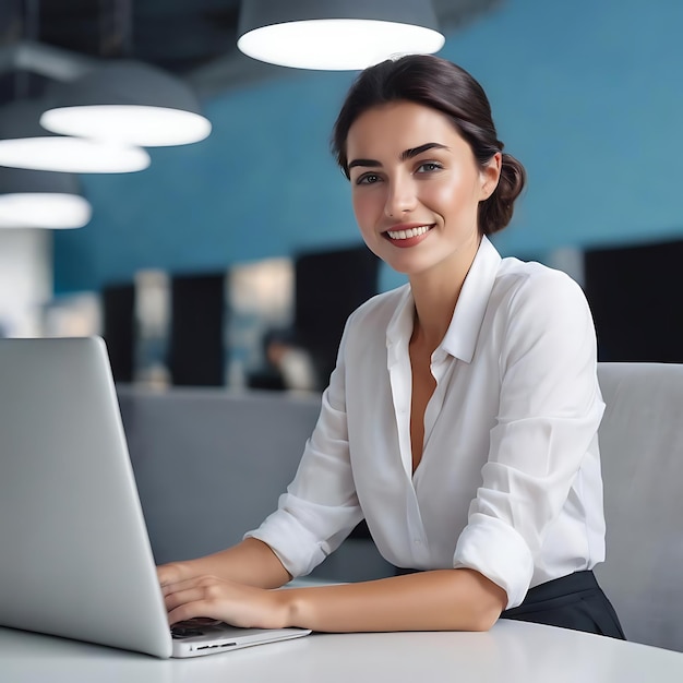 Jonge mooie zakenvrouw met donker kort haar in wit hemd die gelukkig aan de laptop werkt over blauw