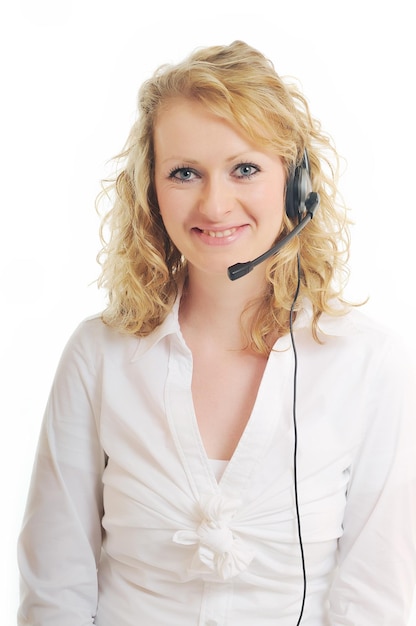 jonge mooie zakenvrouw met headset telefoon klant oplossing info service