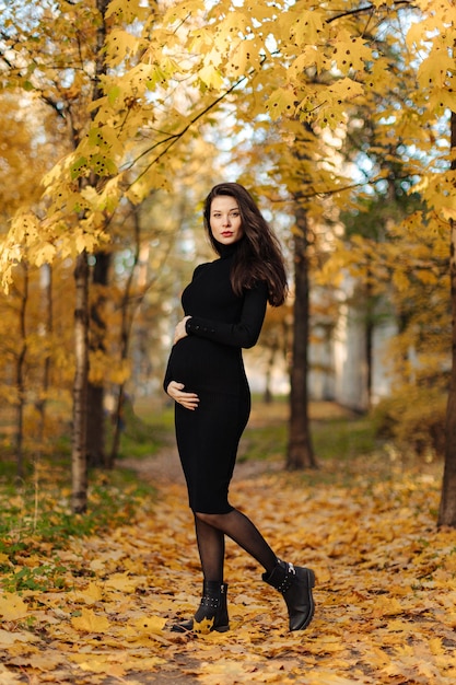 Jonge mooie zwangere vrouw met donker haar in een zwarte strakke jurk die zich voordeed op een herfstweide