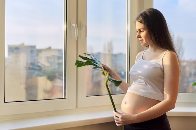 Jonge mooie zwangere vrouw met groen blad van monstera plant thuis bij het raam Schoonheid zwangerschap moederschap concept kopie ruimte