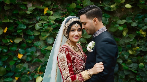 Jonge moslim bruid en bruidegom trouwfoto's