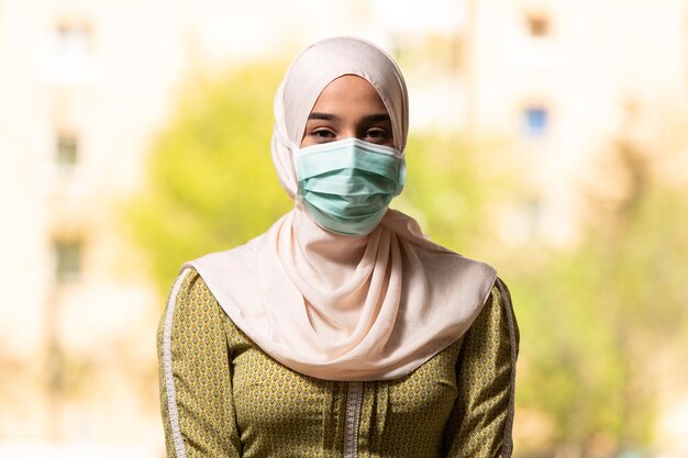 Jonge moslimvrouw die buiten bidt met een beschermend masker en handschoenen