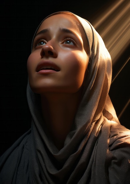 Jonge moslimvrouw die haar hoofd opheft in gebedzonlicht op haar gezichtreligieconcept