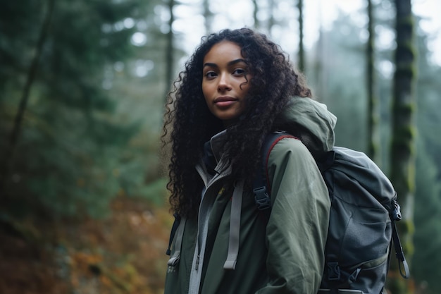 Jonge multi-etnische vrouw die in het bos wandelt