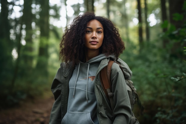 Jonge multi-etnische vrouw die in het bos wandelt