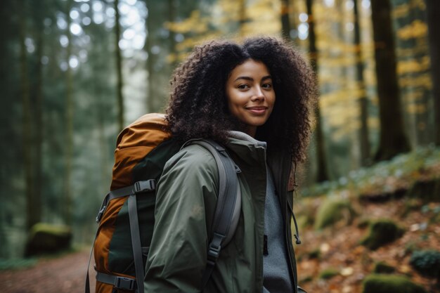 Jonge multi-etnische vrouw die in het bos wandelt