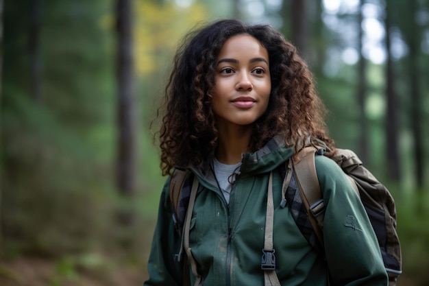 Jonge multi-etnische vrouw die in het bos wandelt