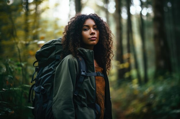 Jonge multi-etnische vrouw die in het bos wandelt