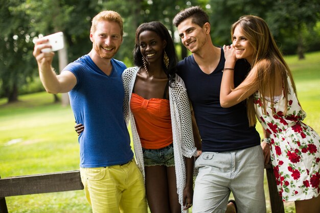 Jonge multiraciale vrienden in het park