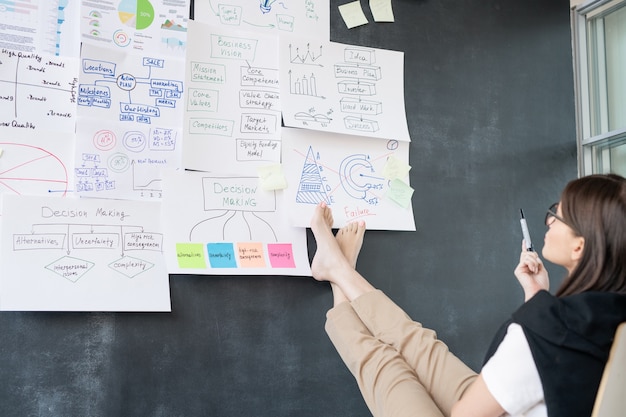 Jonge onderneemster die op blote voeten schoolbord zit en stroomdiagrammen op documenten in orffice analyseert