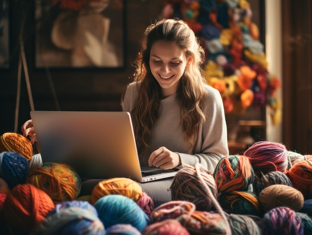 Jonge ondernemer en modeontwerper die met een laptop aan haar atelier met breiwerk werkt