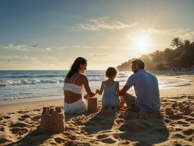 Jonge ouders en kinderen bouwen samen zandkastelen op het strand in de zomer Gelukkige familie