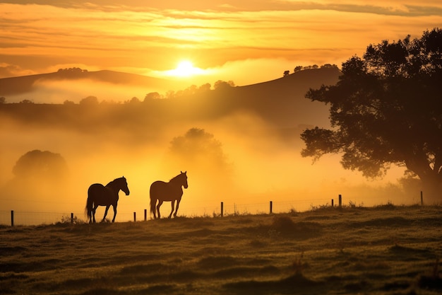 Jonge paarden lopen in de mist bij zonsondergang Generatieve AI