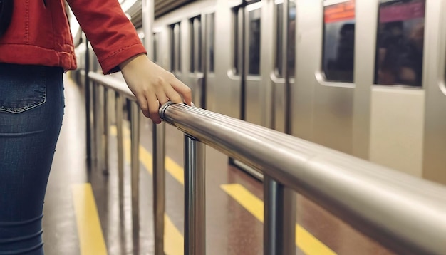 Jonge passagiersvrouw met handrail in de metro