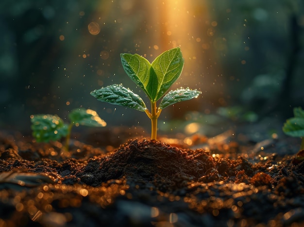 Jonge plant die groeit in het ochtendlicht en groene bladeren op de achtergrond van de natuur