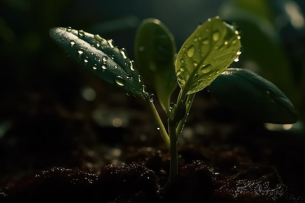 Jonge plant groeit in de ochtend en groene natuur bokeh achtergrond AI