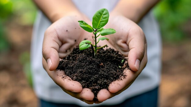 Jonge plant in menselijke handen, symbool van herbebossing