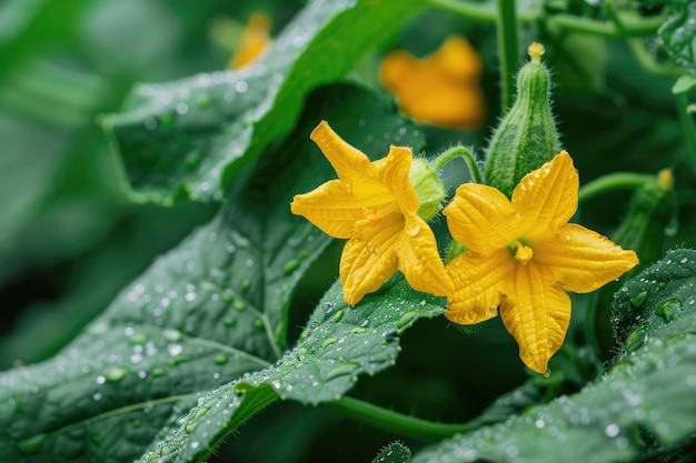 Jonge plant komkommer met gele bloemen sappige verse komkommer close-up macro