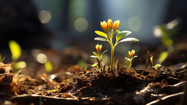 Foto jonge planten die opgroeien achtergrond generatieve ai