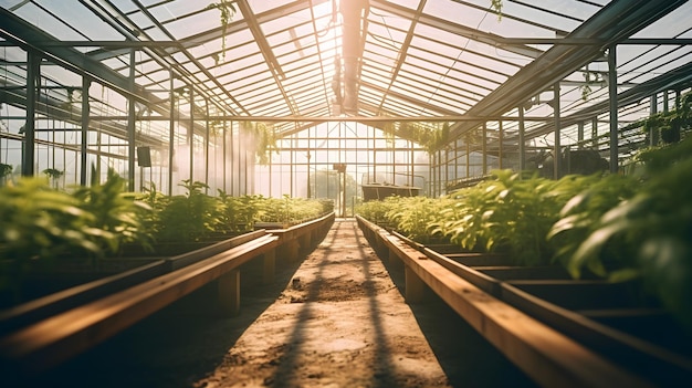 Jonge planten groeien in een kas met zonlicht dat er doorheen stroomt