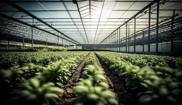 Jonge planten groeien in een zeer groot achtergrondconcept voor de glastuinbouw