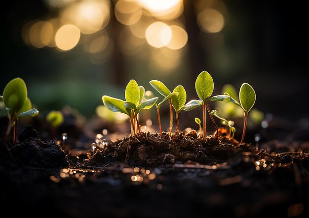 jonge planten groeien uit de grond met licht op de achtergrond