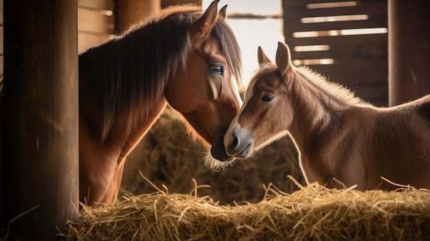 Jonge pony en moederpaard