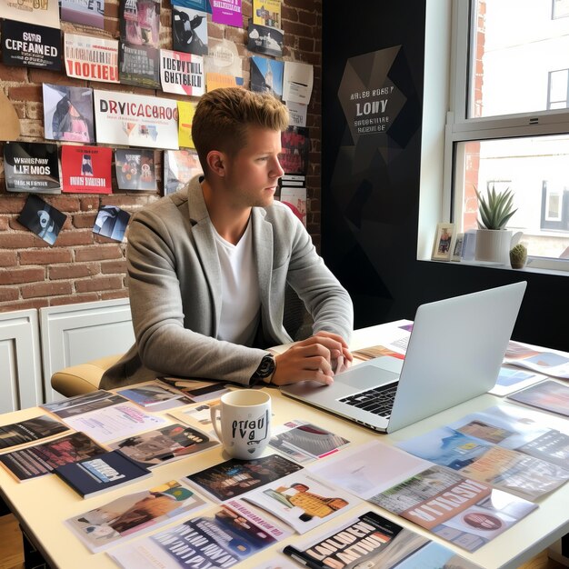 Foto jonge professional die aan zijn bureau werkt en bedachtzaam uit het raam kijkt