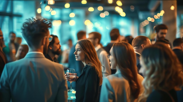 Foto jonge professionals socialiseren tijdens een netwerk evenement in een moderne bar