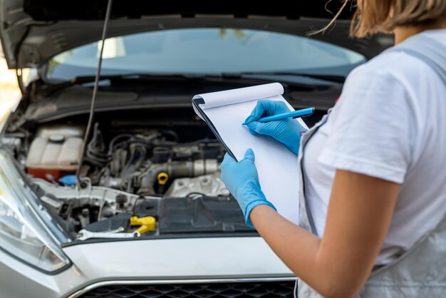 Jonge professionele vrouwelijke monteur inspecteert onder de motorkap van een auto Auto service concept ten dienste van mensen