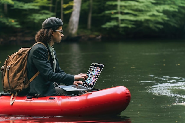 Jonge programmeur die op een kajak zit en aan een laptop werkt en op de computer codeert in de natuur.