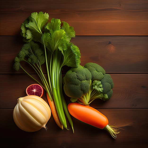 Jonge, rauwe, niet geschilde aardappelen, uien, wortels en groene trossen op een donkere houten achtergrond