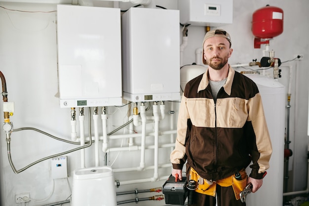 Jonge reparateur in uniform staande in toilet tijdens reparatiewerkzaamheden