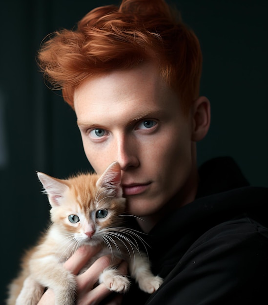 Jonge roodharige man met een oranje kitten