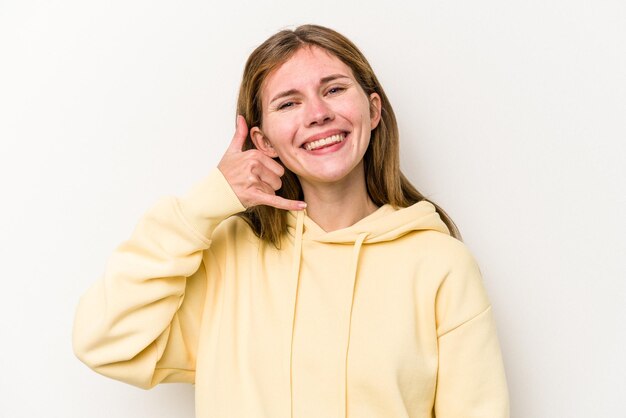 Jonge Russische vrouw geïsoleerd op een witte achtergrond met een mobiel telefoongesprek gebaar met vingers