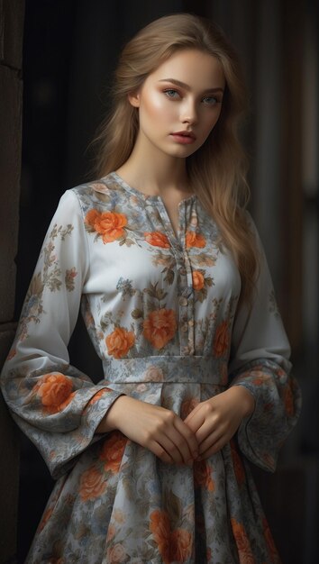 Jonge Russische vrouw in een mooie jurk met bloemen.