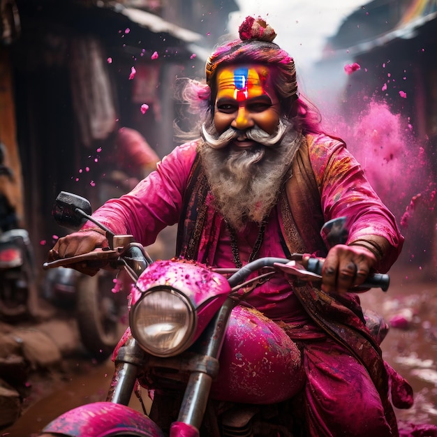 jonge sadhu ji met bullet bike spelen in holi indiaanse sadhu yogi ji spelen holi festival