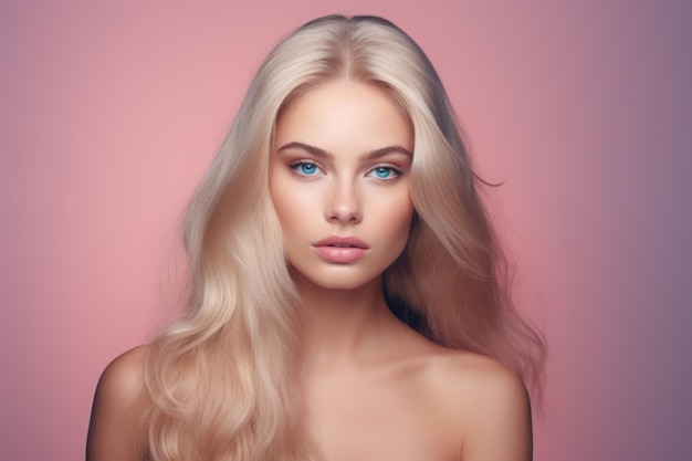 Jonge schoonheid blonde vrouw met lang haar met make-up stijl op het gezicht en perfecte schone huid