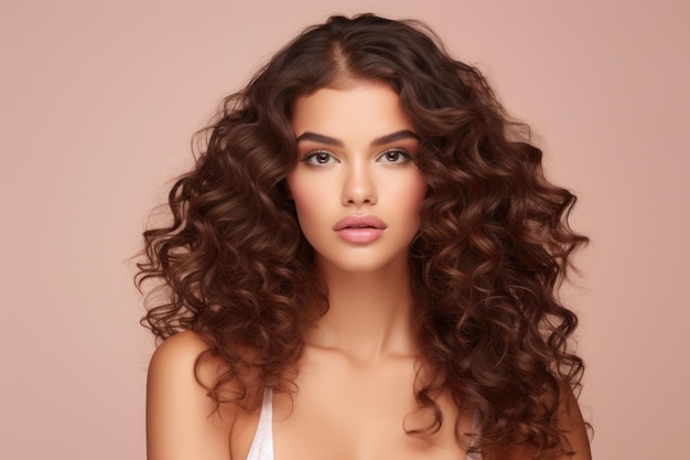 Jonge schoonheid curly lang haar met make-up stijl op het gezicht en perfecte schone huid