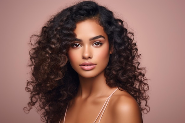 Jonge schoonheid curly lang haar met make-up stijl op het gezicht en perfecte schone huid