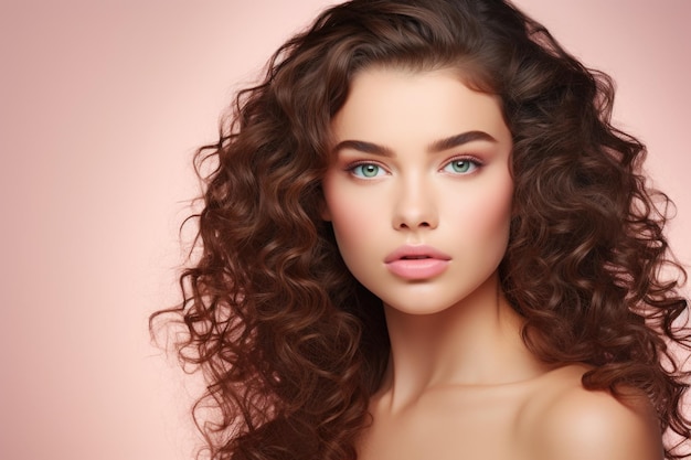 Jonge schoonheid curly lang haar met make-up stijl op het gezicht en perfecte schone huid