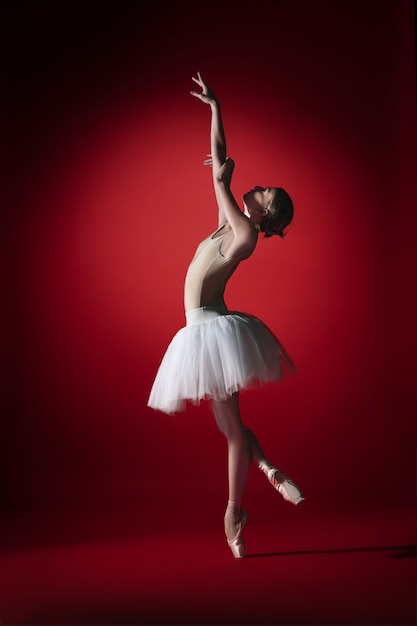 Jonge sierlijke vrouwelijke balletdanser of klassieke ballerina dansen in rode studio. Kaukasisch model op spitzen