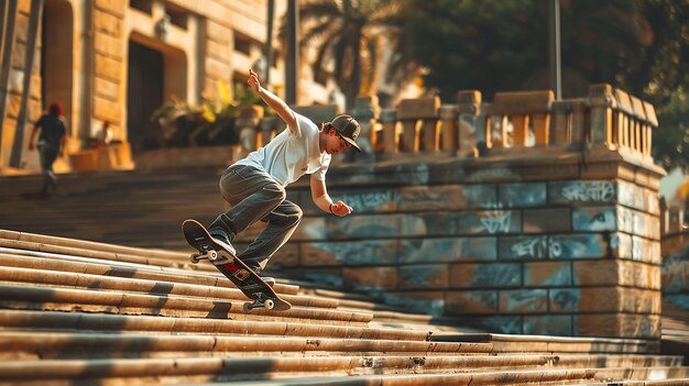 Jonge skateboarder in een wit shirt en zwarte hoed skateboarding een reeks trappen