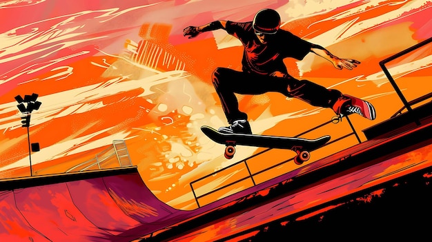 Jonge skateboarder springt over een obstakel terwijl hij een truc uitvoert De achtergrond is een fel oranje kleur
