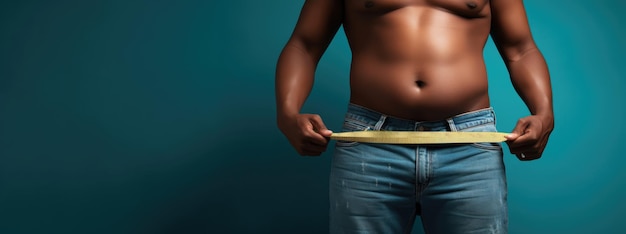 Jonge slanke Afro-Amerikaanse vrouw in grote spijkerbroek geniet van het resultaat van het gewichtsverlies met een dik abstract lichaam eromheen